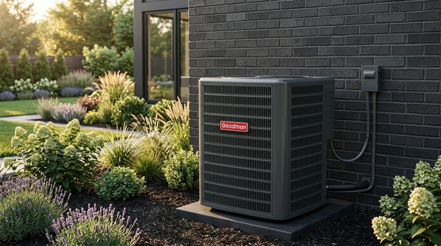 A Goodman air-conditioning condenser beside a dark brick house at golden hour, in a planted bed of lavender, hydrangea and ornamental grasses.
