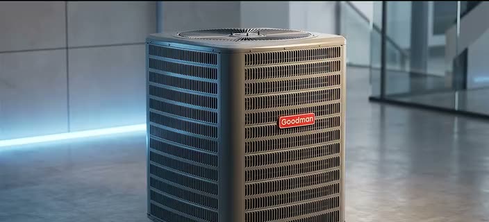 A slow camera move around a Goodman air-conditioning condenser in a studio, lit from a blue strip along the floor.