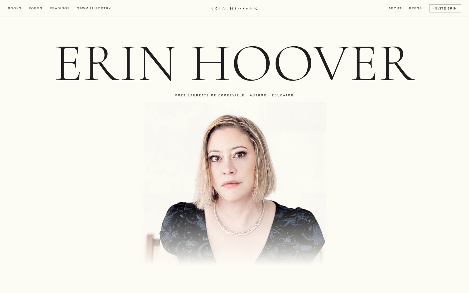 The erinhooverpoet.com homepage: the name set large in a light serif over a portrait, above the line "Poet Laureate of Cookeville · Author · Educator".