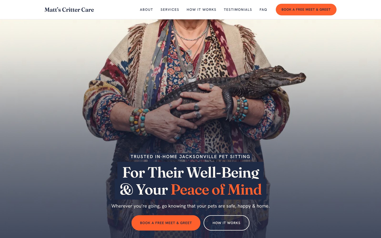 The mattscrittercare.com homepage: a full-width photograph of a woman cradling a young alligator, over the headline "For Their Well-Being & Your Peace of Mind" and a button reading "Book a free meet & greet".